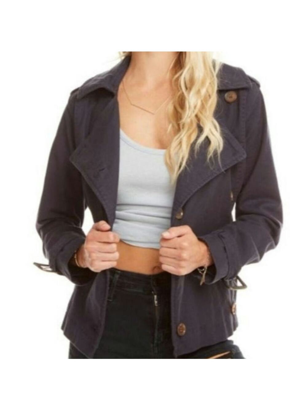 New Small Chaser distressed black button-front jacket with a belted waist